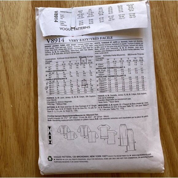 Vogue # V8914 Jacket Tunic Skirt Sewing Pattern Cut Sizes Lrg - XXL Sku 0257 - Picture 3 of 4